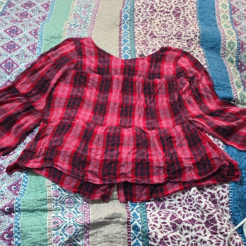 Red and Blue Plaid Teired Blouse